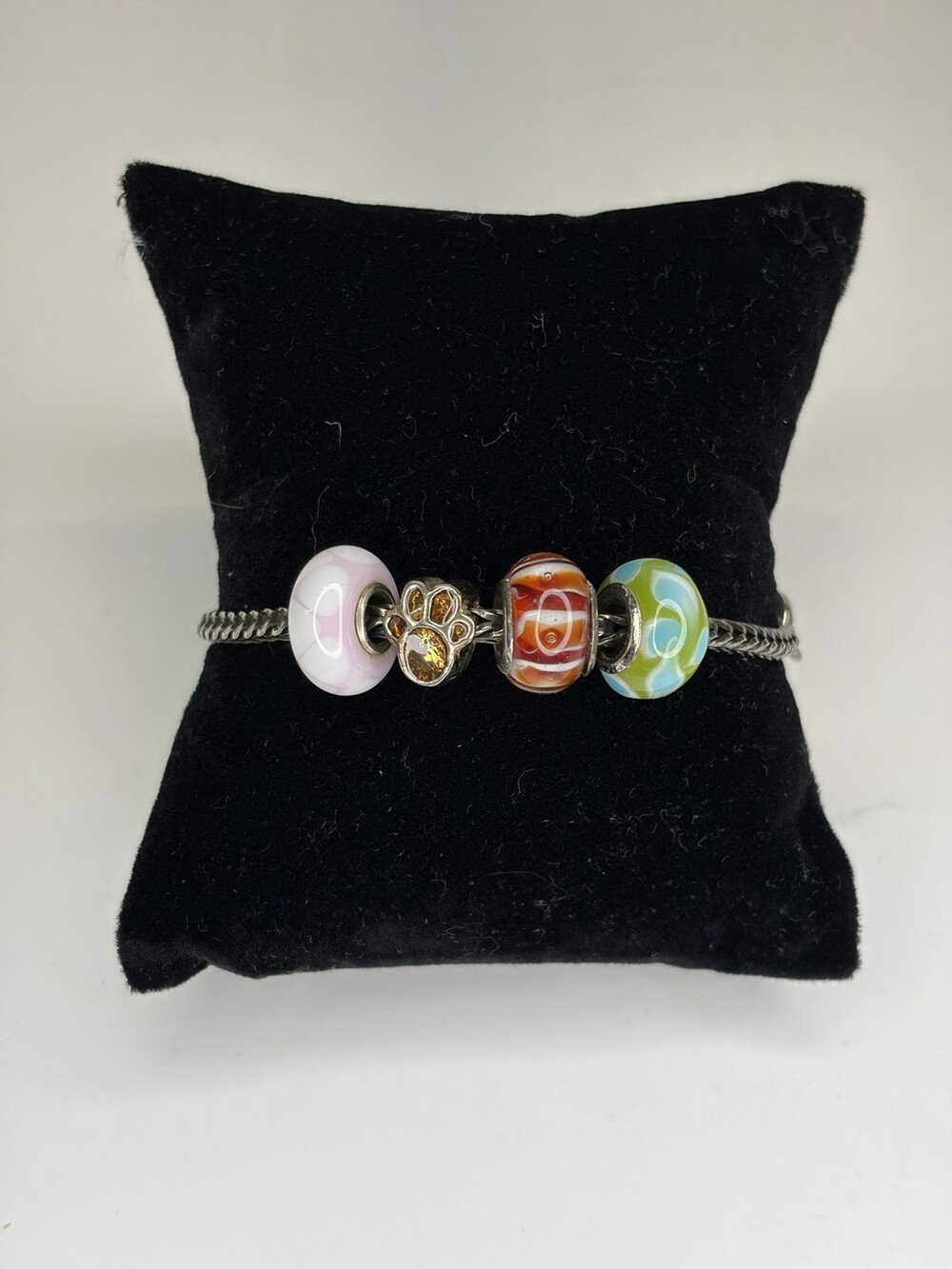 Trollbeads 925 Sterling Silver Bracelet Flower Lock Amber Paw Glass Bead